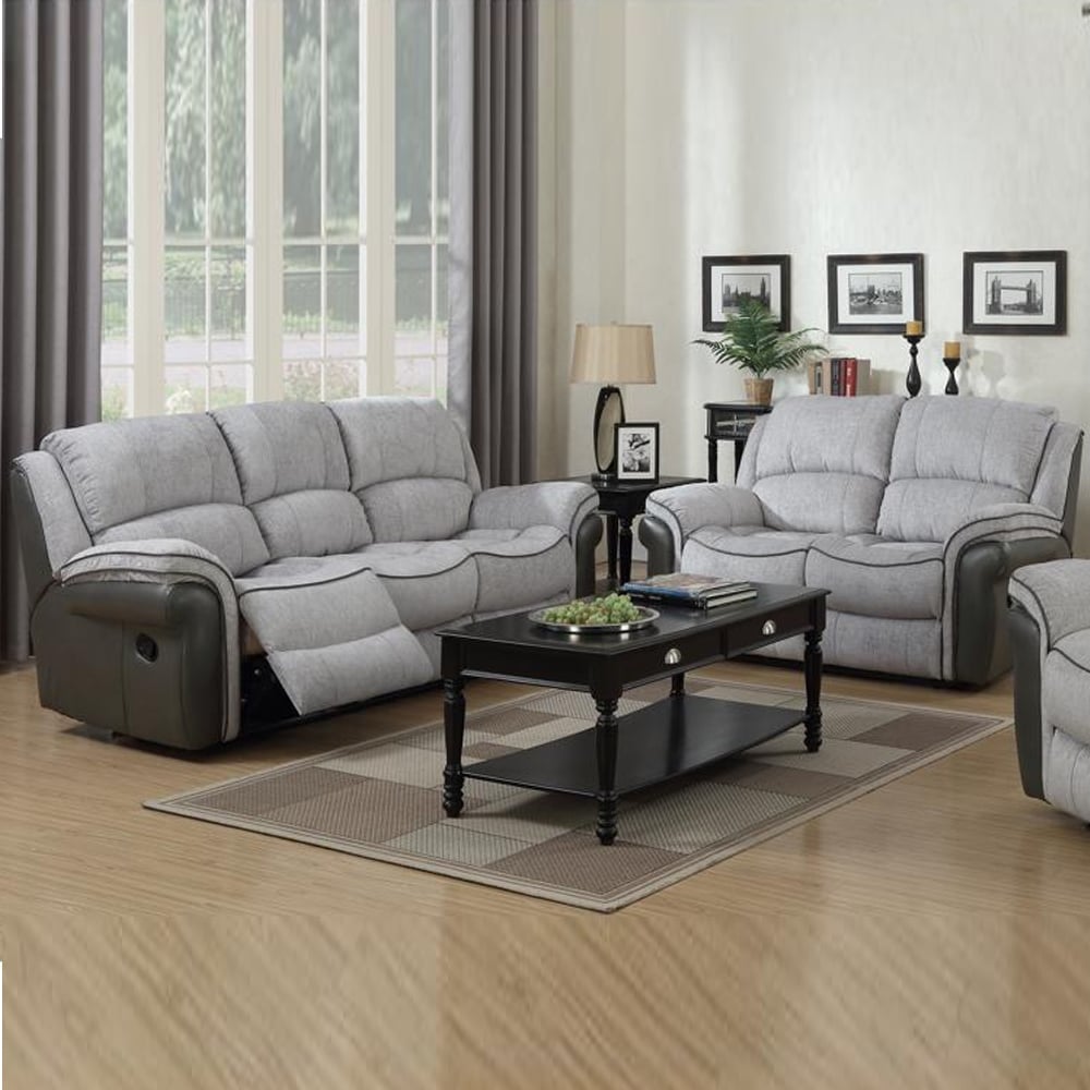 Claton Faux Leather Fabric Recliner 3+2 Seater Sofa Set In Grey | Bed Sava