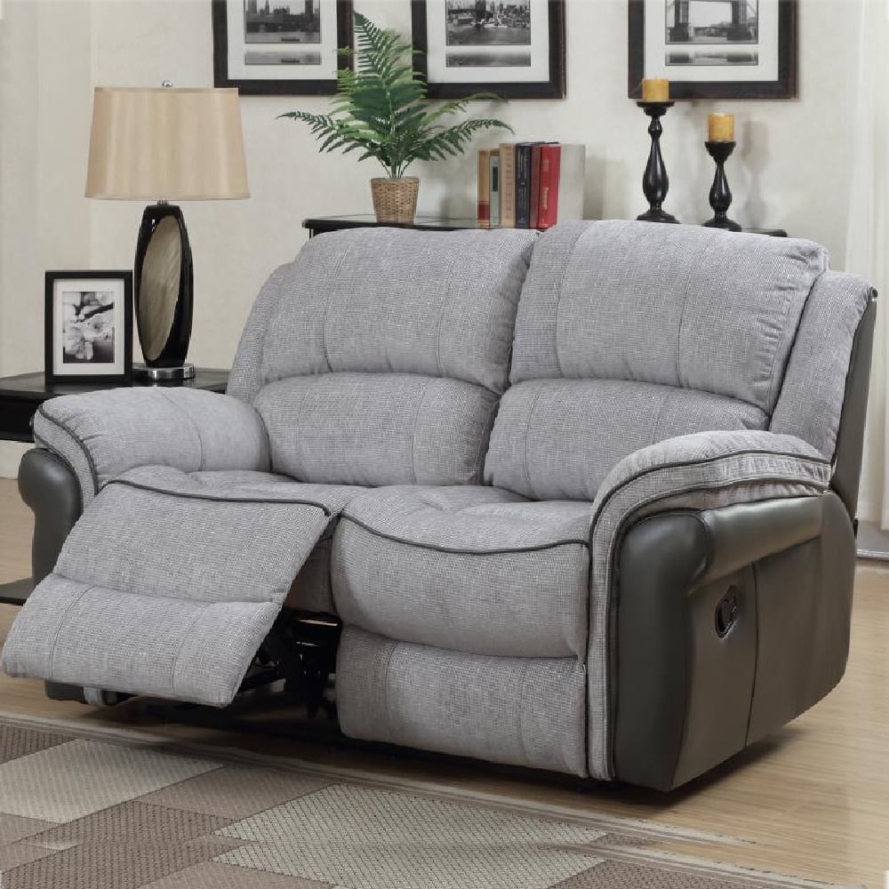 Claton Faux Leather Fabric Recliner 2 Seater Sofa In Grey | Bed Sava