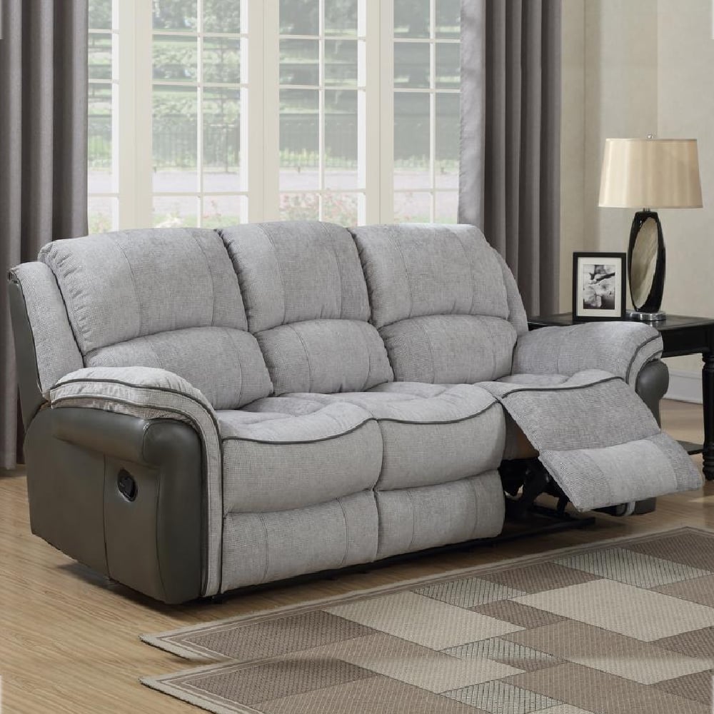 Claton Faux Leather Fabric Recliner 3 Seater Sofa In Grey | Bed Sava