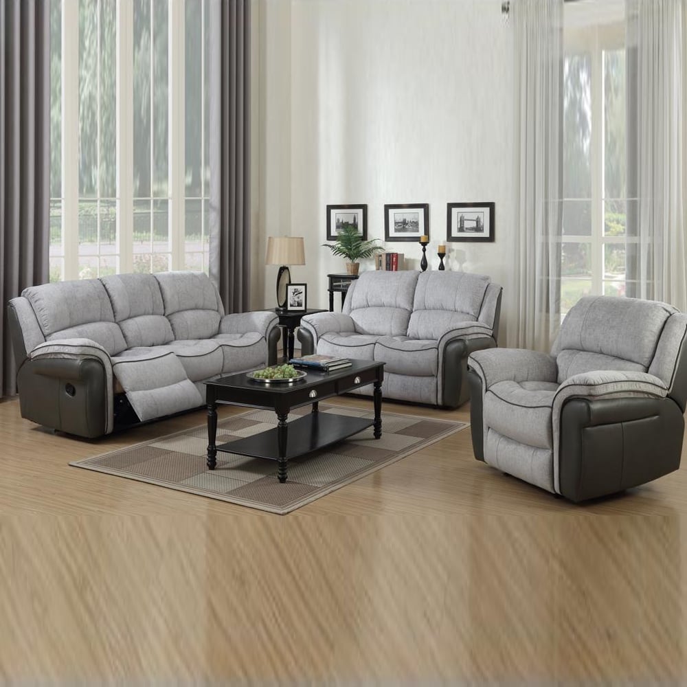 Claton Faux Leather Fabric Recliner Sofa Suite In Grey | Bed Sava