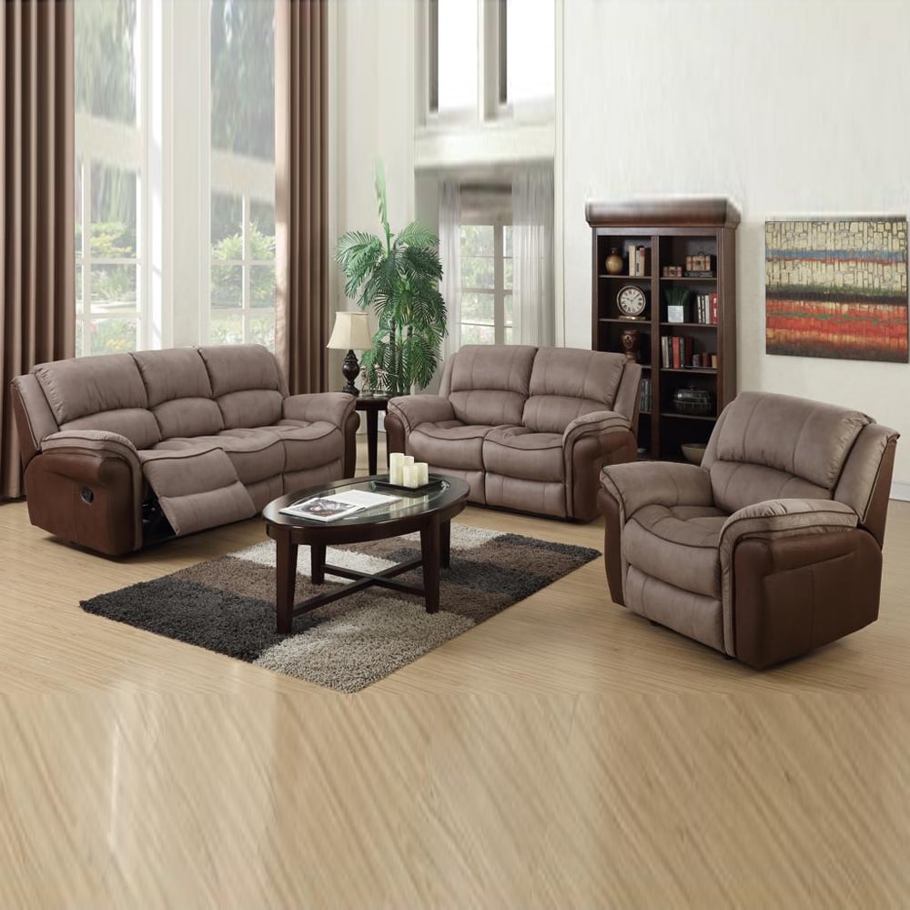 Claton Faux Leather Fabric Recliner Sofa Suite In Taupe And Tan | Bed Sava