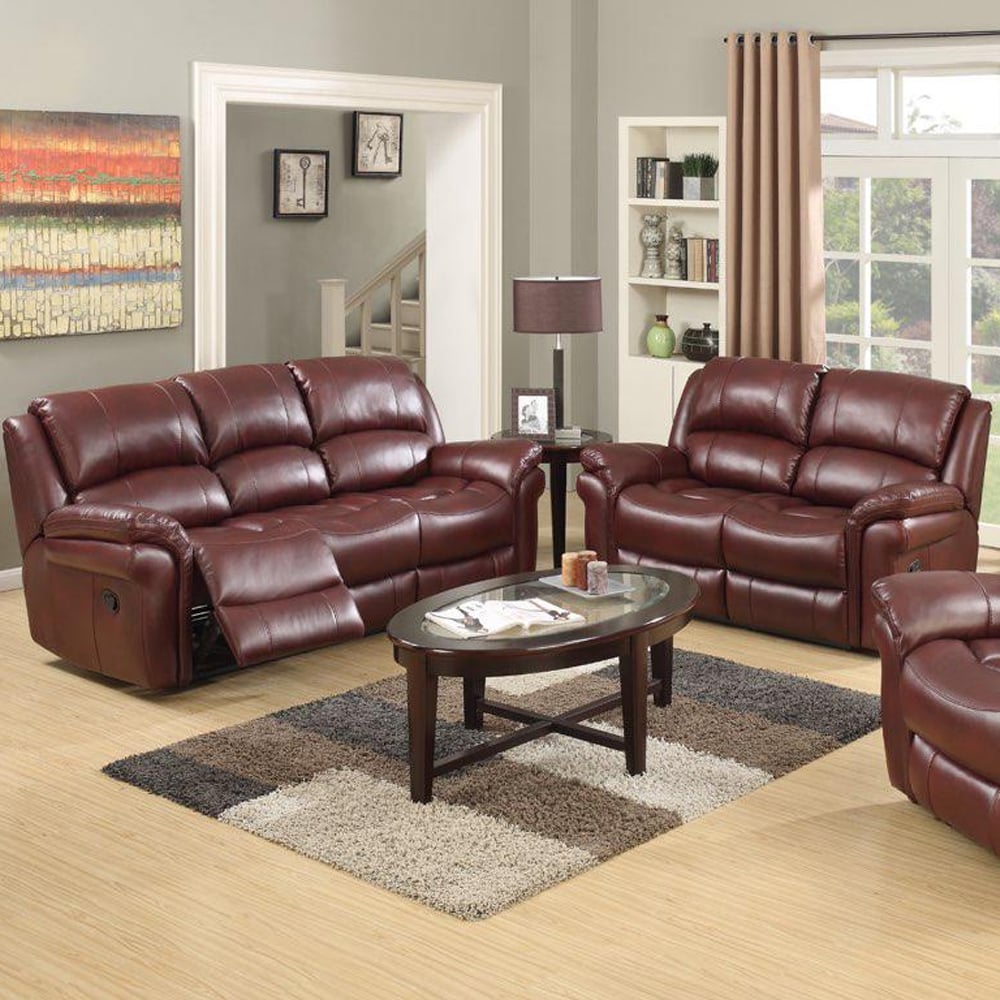 Claton Faux Leather Recliner 3+2 Seater Sofa Set In Burgundy | Bed Sava