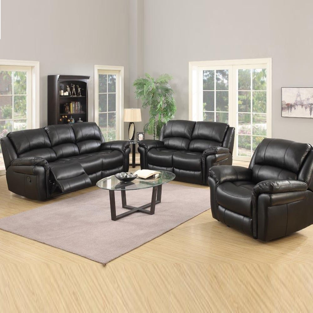 Claton Faux Leather Recliner Sofa Suite In Black | Bed Sava