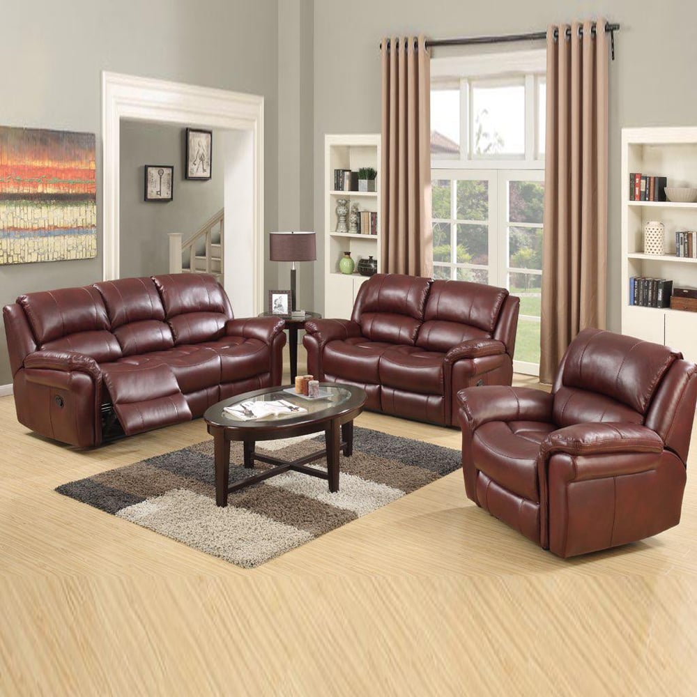 Claton Faux Leather Recliner Sofa Suite In Burgundy | Bed Sava
