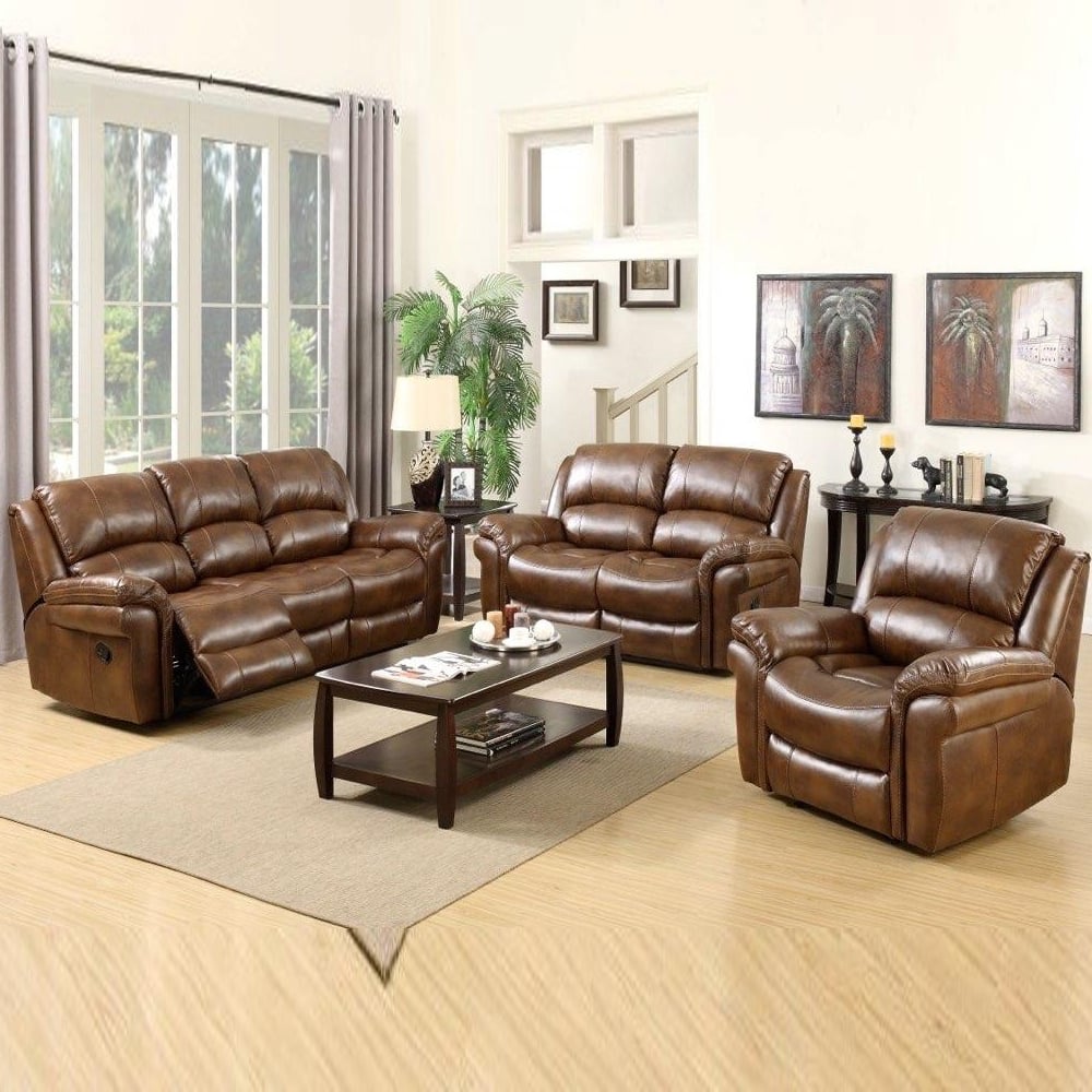 Claton Faux Leather Recliner Sofa Suite In Tan | Bed Sava