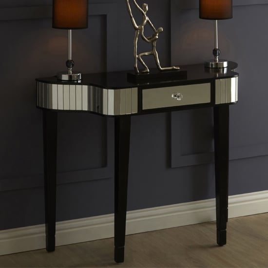 Clavona Mirrored Glass Console Table In Clear And Black | Bed Sava
