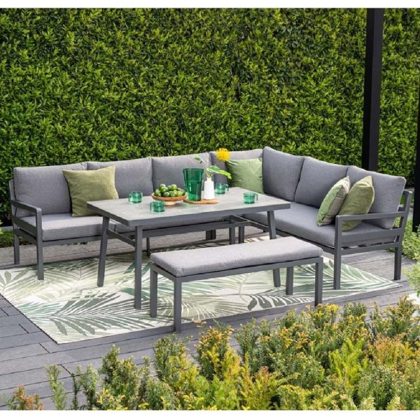 Clayton Aluminium Garden Corner Lounge Dining Set In Dark Grey | Bed Sava
