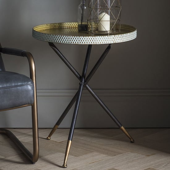 Cloral Round Metal Side Table With Tripod Base In Duck Egg Gold | Bed Sava