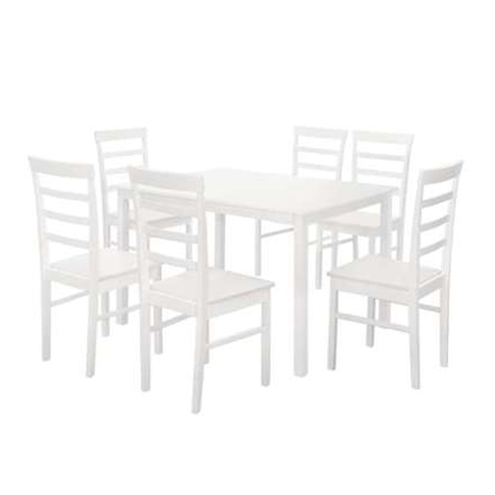 Clovis Wooden Rectangular Dining Table With 6 Chairs In White | Bed Sava