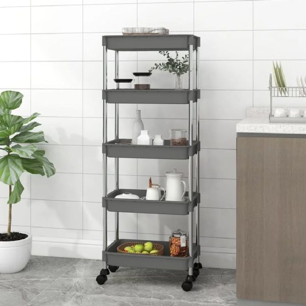 Cobleskill ABS Plastic 5 Tier Kitchen Trolley In Grey | Bed Sava