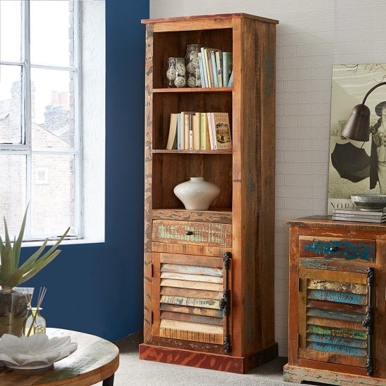 Coburg Wooden Bookcase Narrow In Reclaimed Wood | Bed Sava