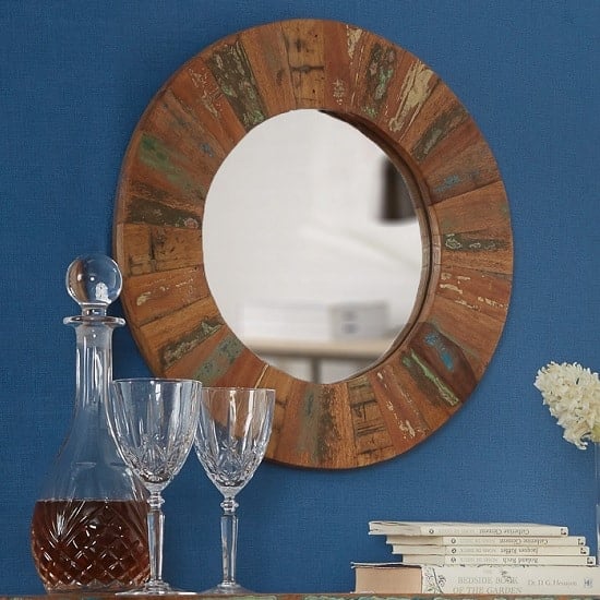 Coburg Wooden Wall Mirror Round In Reclaimed Wood | Bed Sava