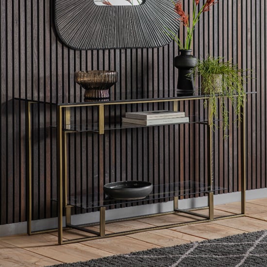 Cody Black Glass Console Table With Bronze Metal Frame | Bed Sava