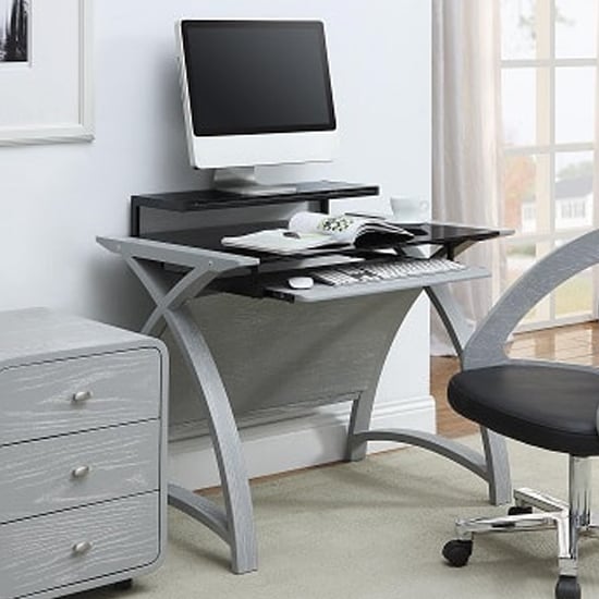 Cohen Curve Computer Desk Small In Black Glass And Grey Ash | Bed Sava