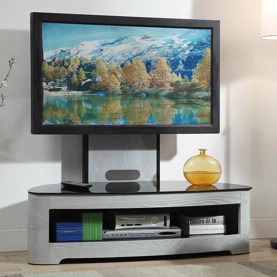 Cohen Curved Cantilever TV Stand In Grey Ash And Black Glass | Bed Sava