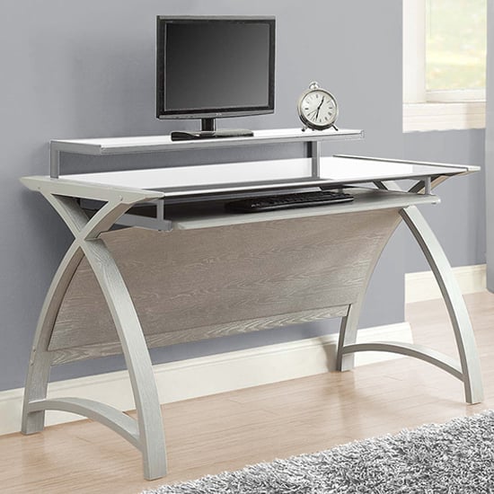 Cohen Large Curve White Glass Top Computer Desk In Grey | Bed Sava