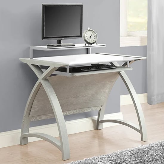 Cohen Small Curve White Glass Top Computer Desk In Grey | Bed Sava
