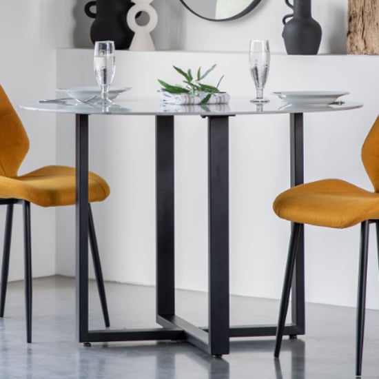 Conoly Round Glass Dining Table In White Marble Effect | Bed Sava