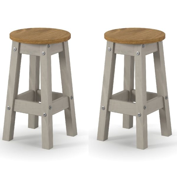 Consett Grey And Oak Round Wooden Bar Stools In Pair | Bed Sava