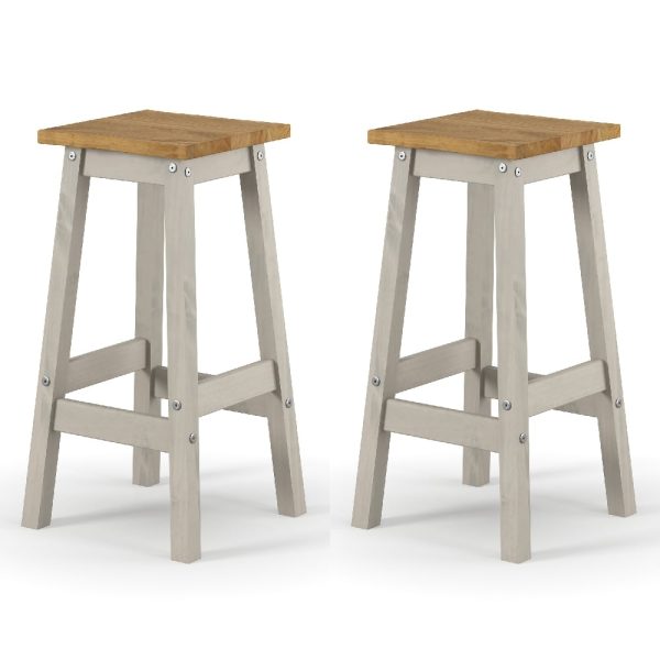 Consett Grey And Oak Wooden Bar Stools In Pair | Bed Sava