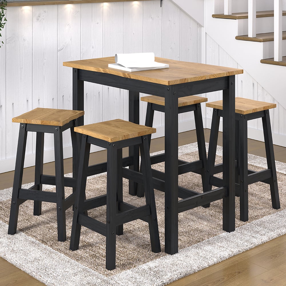 Consett Large Wooden Bar Table With 2 Stools In Black And Oak
