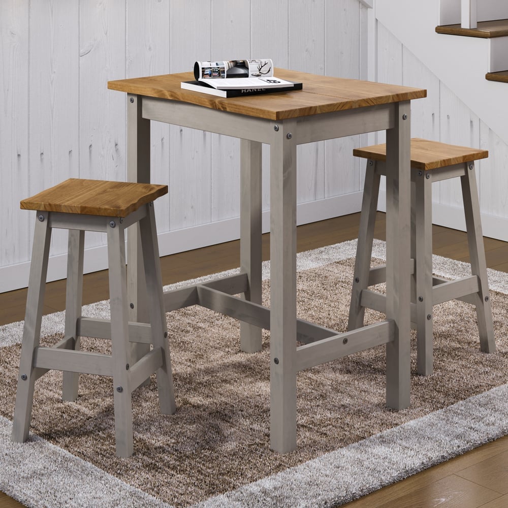 Consett Small Wooden Bar Table With 2 Stools In Grey Oak | Bed Sava