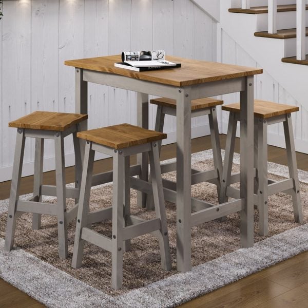Consett Large Wooden Bar Table With 4 Stools In Grey Oak | Bed Sava