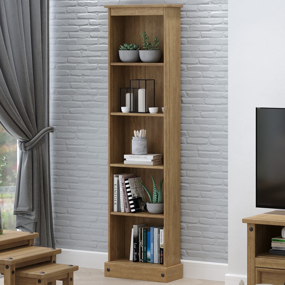 Consett Narrow Wooden Bookcase With 5 Shelves In Oak