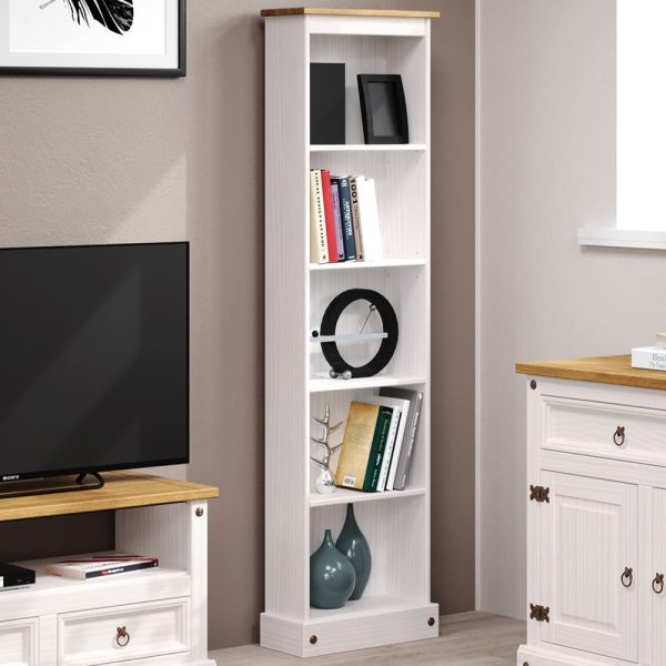 Consett Narrow Wooden Bookcase With 5 Shelves In White And Oak | Bed Sava