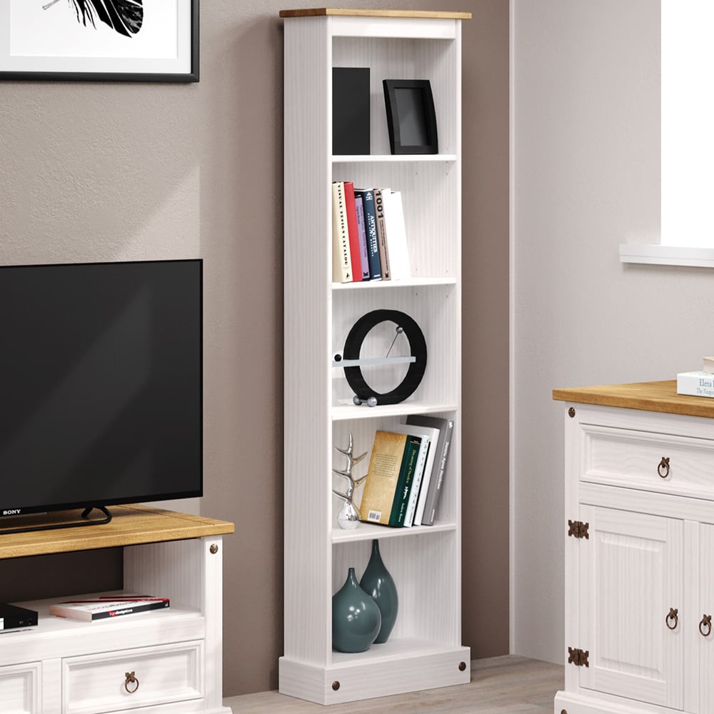 Consett Narrow Wooden Bookcase With 5 Shelves In White And Oak