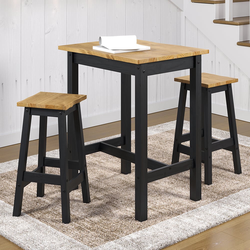 Consett Small Wooden Bar Table With 2 Stools In Black And Oak