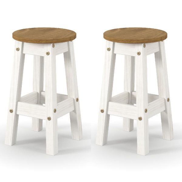 Consett White And Oak Round Wooden Bar Stools In Pair | Bed Sava
