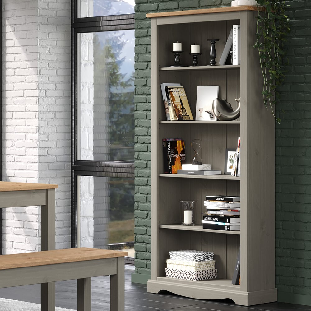 Consett Wide Wooden Bookcase With 5 Shelves In Grey And Oak