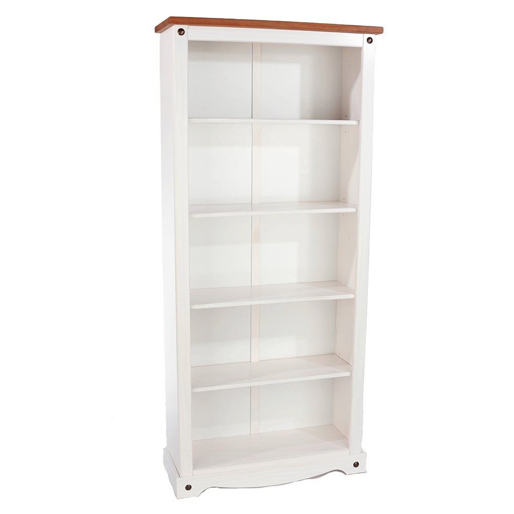 Consett Wide Wooden Bookcase With 5 Shelves In White And Oak