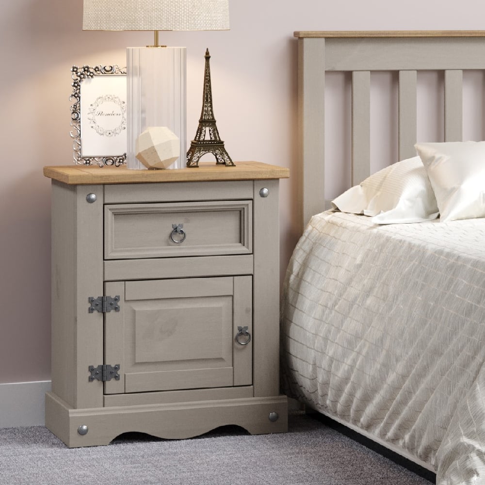 Consett Wooden Bedside Cabinet With 1 Door 1 Drawer In Grey Oak | Bed Sava