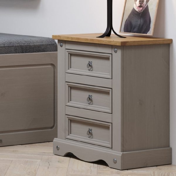 Consett Wooden Bedside Cabinet With 3 Drawers In Grey And Oak | Bed Sava