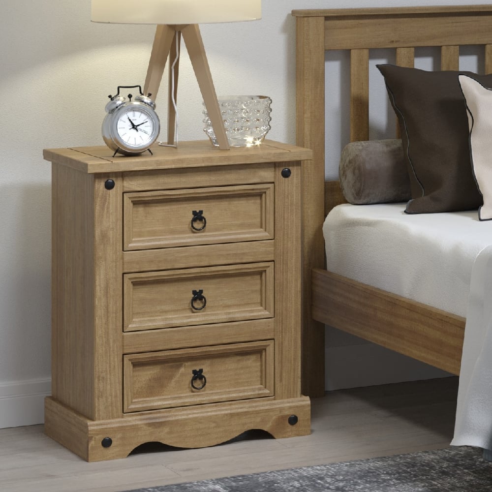 Consett Wooden Bedside Cabinet With 3 Drawers In Oak | Bed Sava