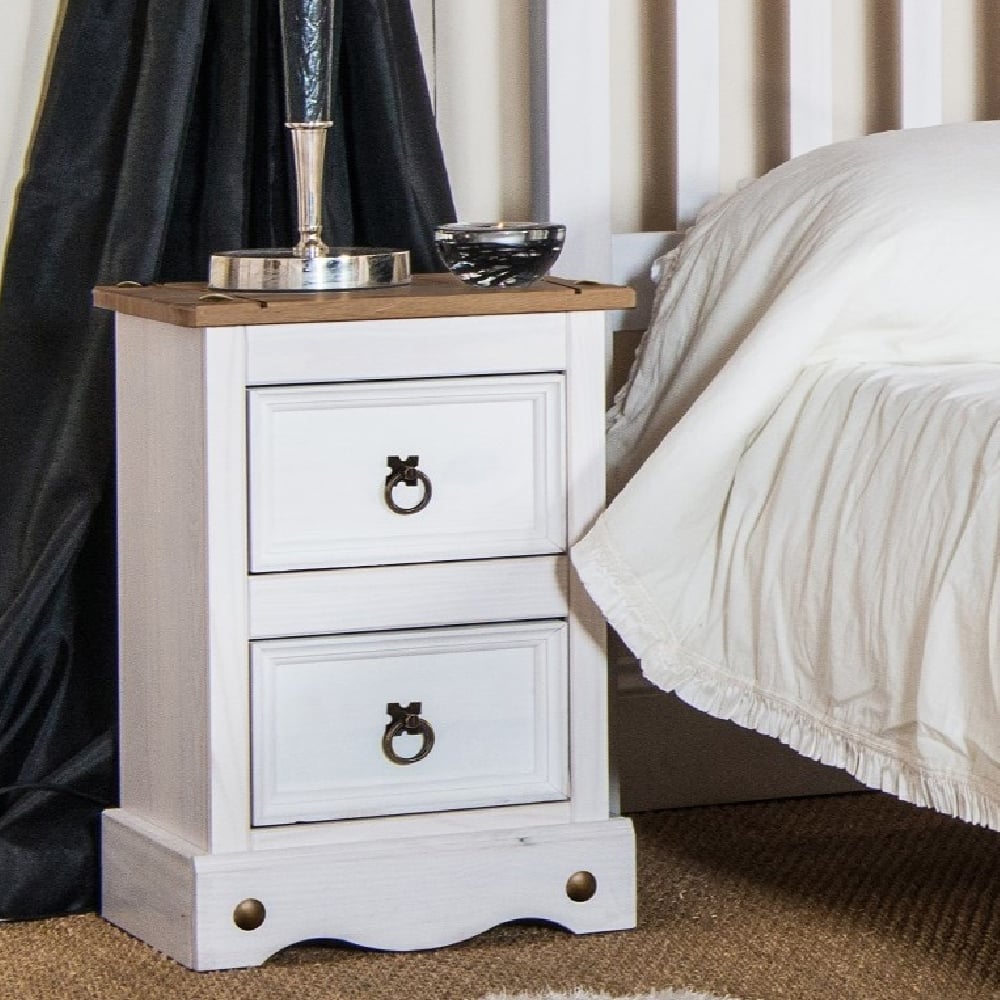 Consett Wooden Bedside Cabinet With 2 Drawers In White And Oak | Bed Sava