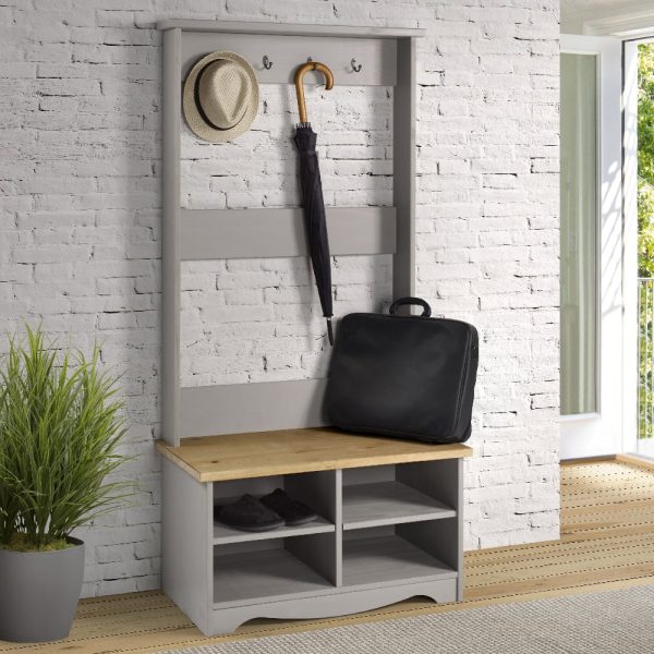 Consett Wooden Coat Rack With Shoe Bench In Grey And Oak | Bed Sava