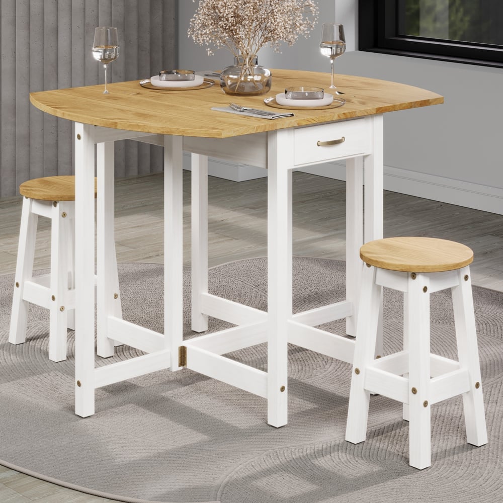 Consett Wooden Drop Leaf Bar Table With 2 Stools In White Oak | Bed Sava