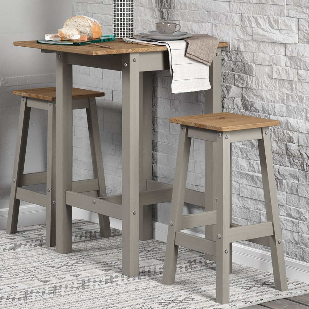 Consett Wooden Drop Leaf Breakfast Table 2 High Stools In Grey Oak