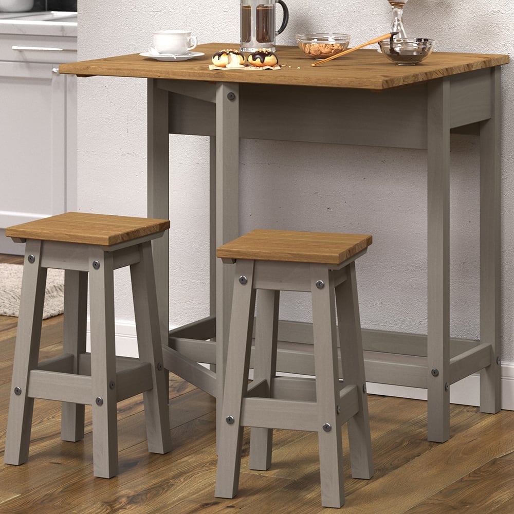 Consett Wooden Drop Leaf Breakfast Table 2 Low Stools In Grey Oak | Bed Sava