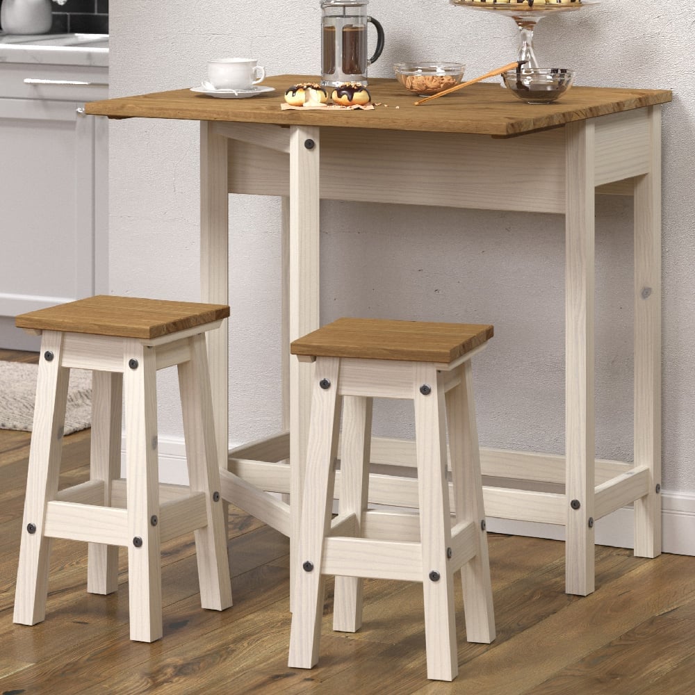 Consett Wooden Drop Leaf Dining Table With 2 Stools In White Oak | Bed Sava