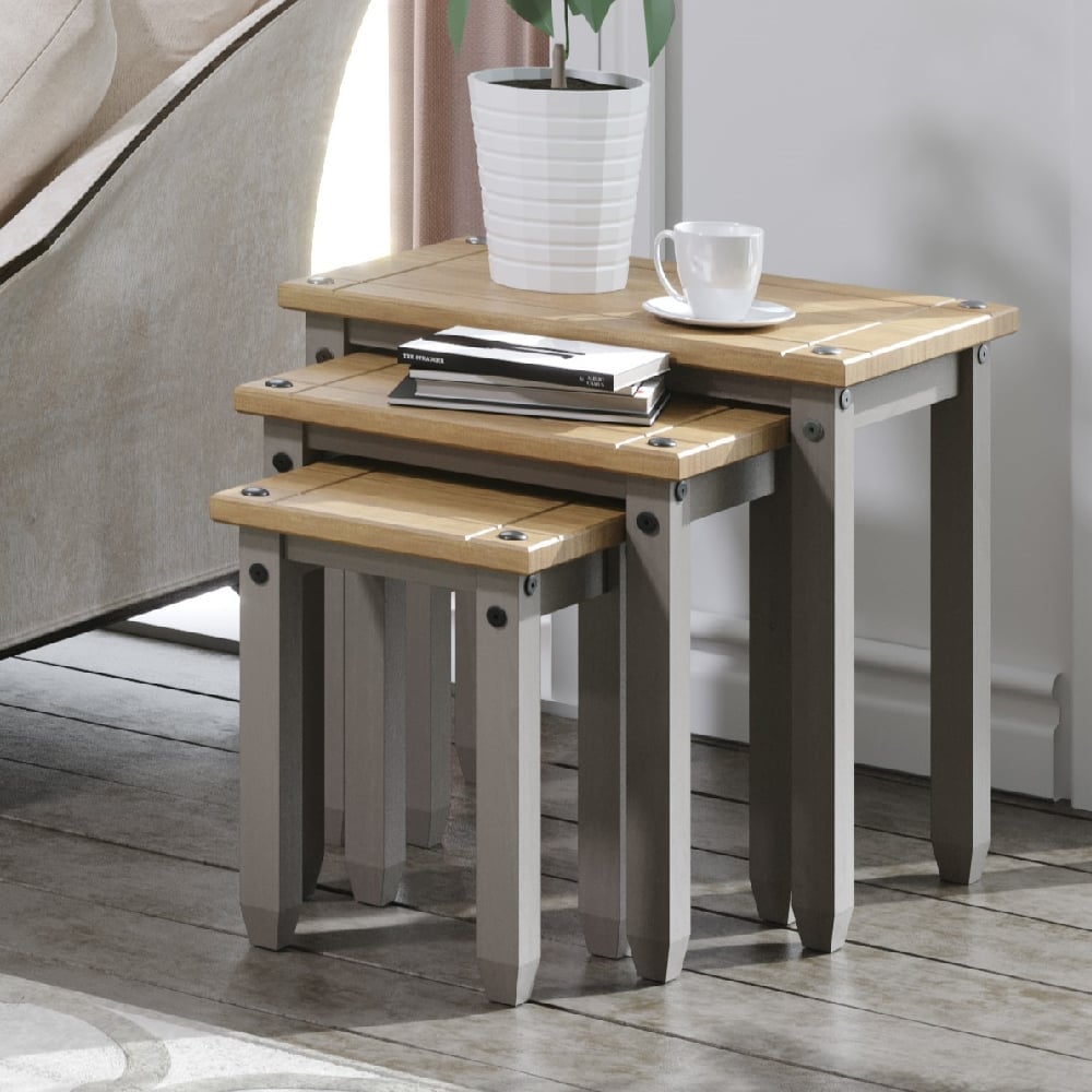 Consett Wooden Nest Of 3 Tables In Grey And Oak | Bed Sava