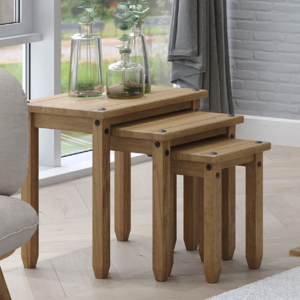 Consett Wooden Nest Of 3 Tables In Oak | Bed Sava