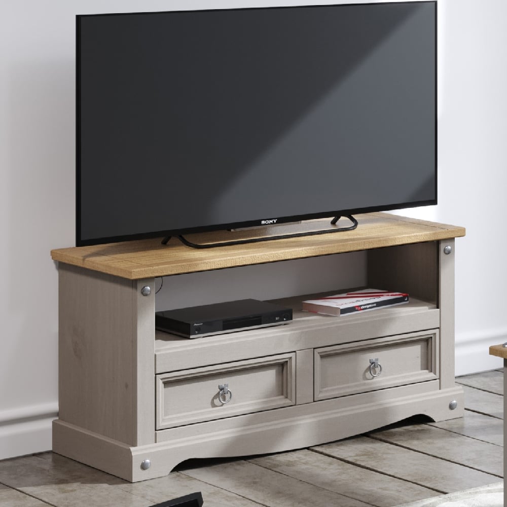 Consett Wooden TV Stand With 2 Drawers Grey And Oak | Bed Sava