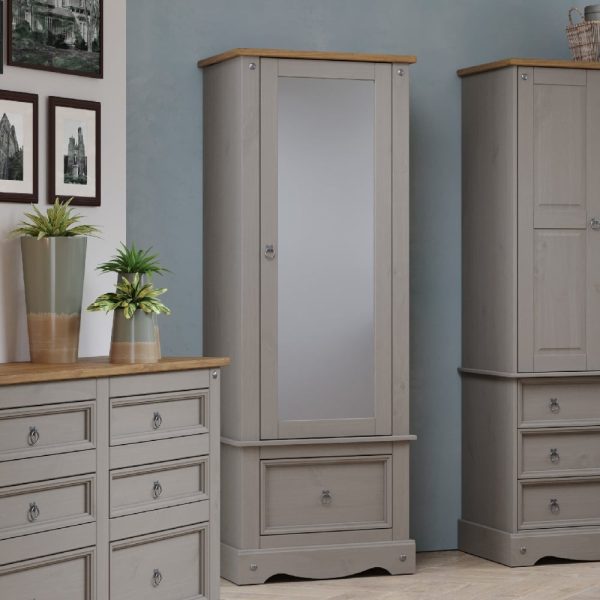 Consett Wooden Wardrobe With 1 Door 1 Drawer In Grey And Oak | Bed Sava