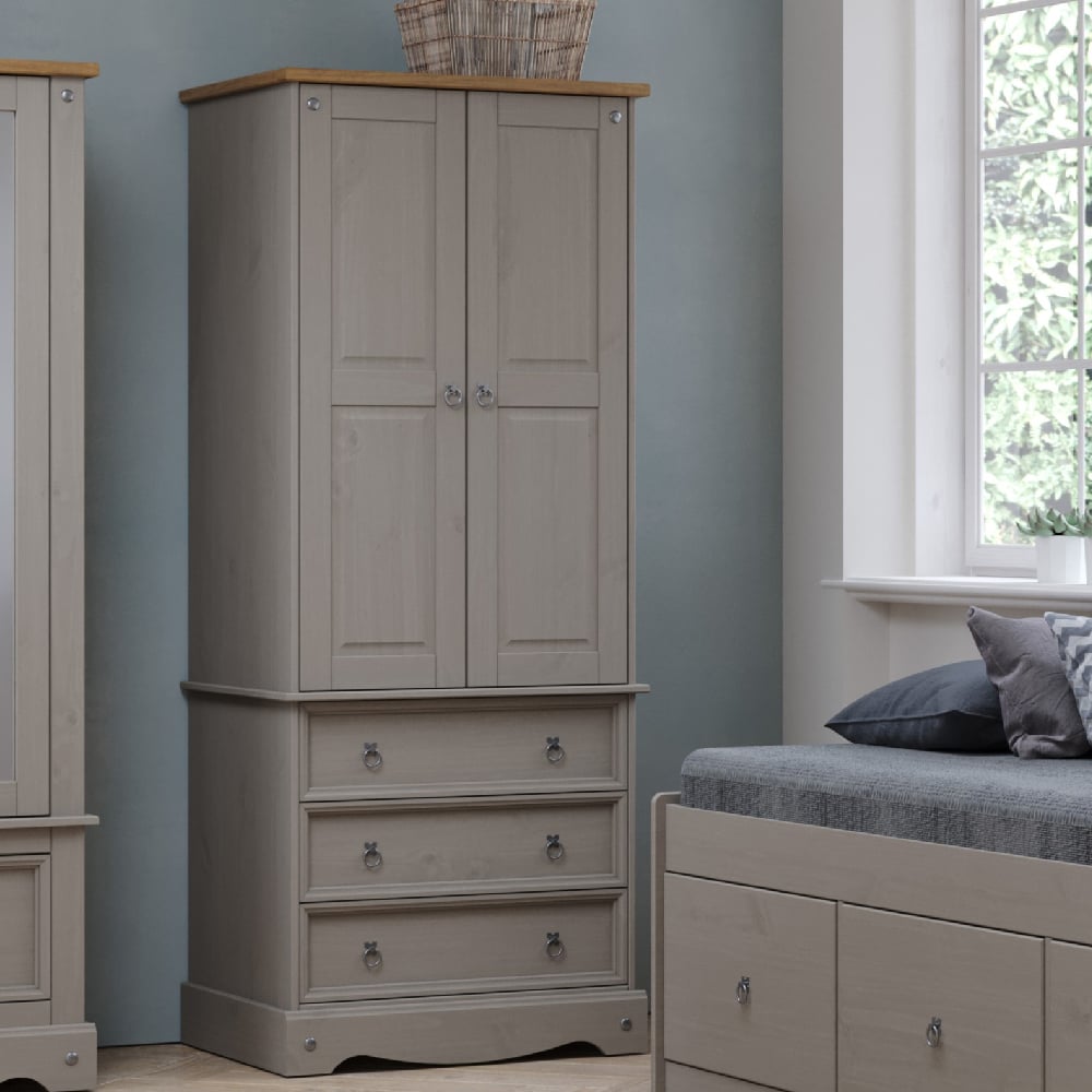 Consett Wooden Wardrobe With 2 Doors 3 Drawers In Grey And Oak | Bed Sava