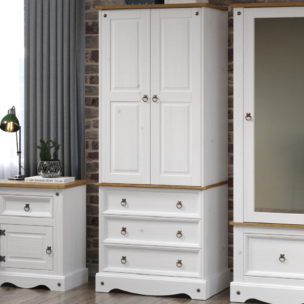 Consett Wooden Wardrobe With 2 Doors 3 Drawers In White And Oak | Bed Sava