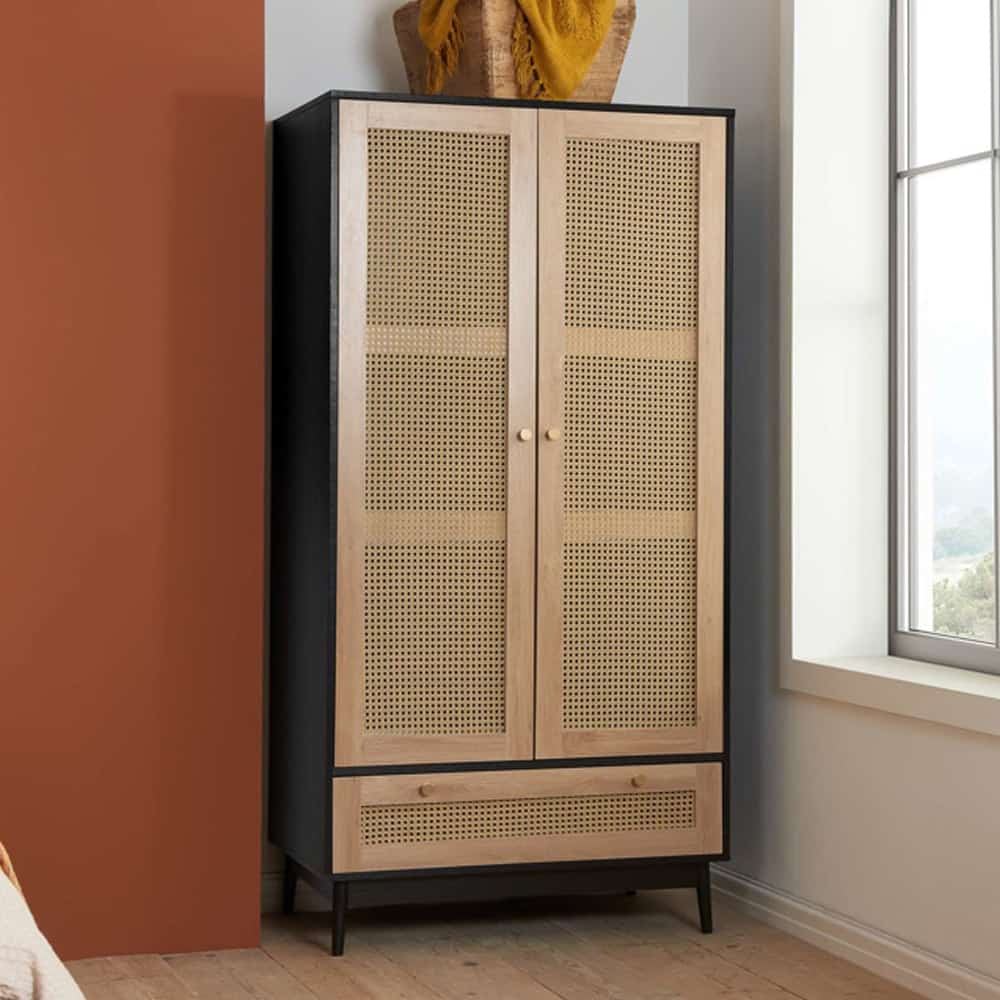 Coralie Wooden Wardrobe With 2 Doors 1 Drawer In Black Oak